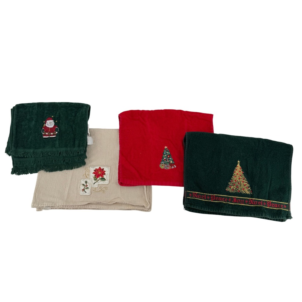 Vintage Christmas Towels Lot 9 Embroidered Trees Santa Poinsettia Holiday Decor - Picture 5 of 13
